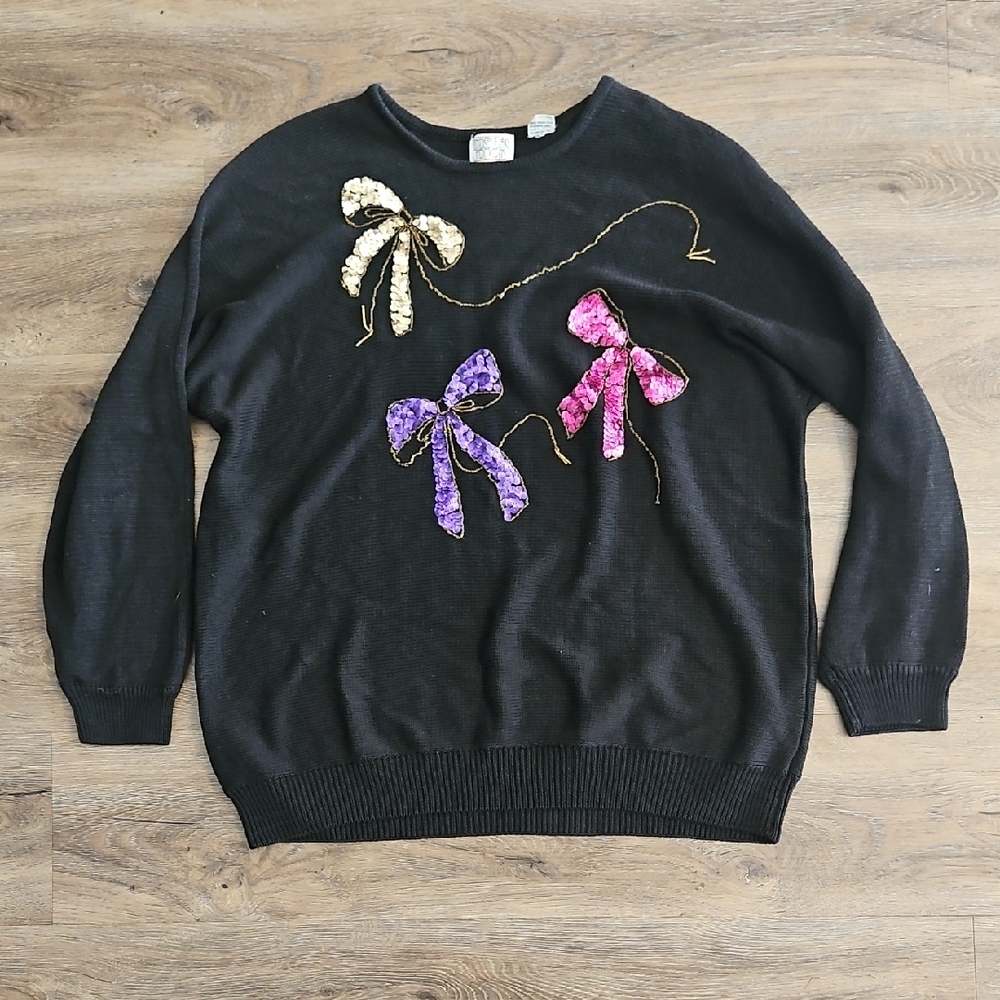 Vintage Lindsey Blake Black Sweater with Colorful Sequins Bow Accent